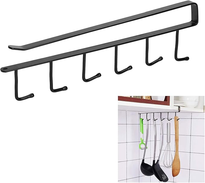 Cup Holder Under Cabinet Coffee Tea Cup Mug Holder with 6 Hooks Under Shelf Mug Drying Holder Rack Cupboard Glasses Storage Drying Rack Holder(black)