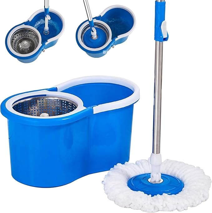 Spin Mop Bucket Set with 2 Microfiber Floor Spin Mop Heads, 6L Mop Bucket with Stainless Steel Wringer