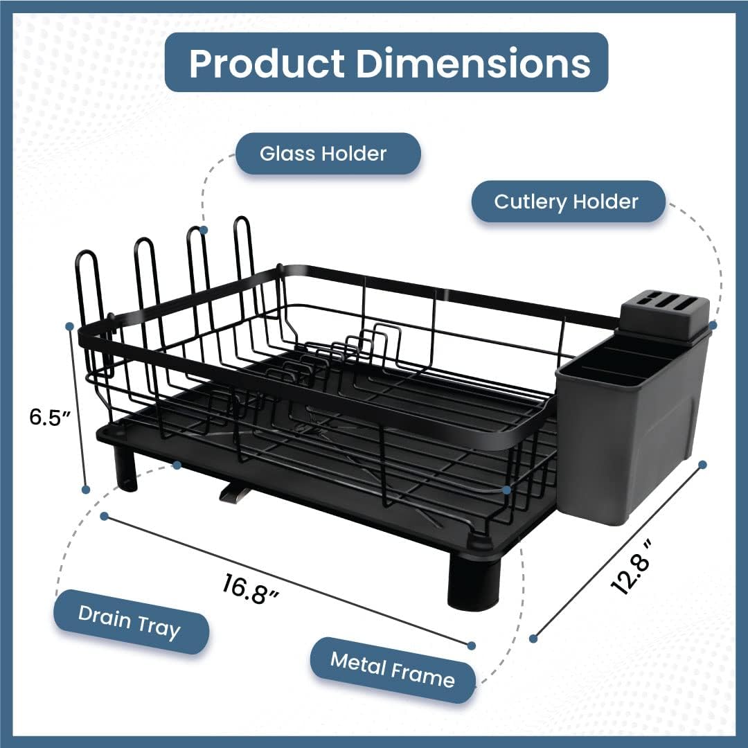 Elashy Dish Drying Rack,Dish strainers for Kitchen Counter,Dish Racks with Removable Utensil Holder,Dish Drying Rack with Drainboard and Extra Drying Mat(Black)