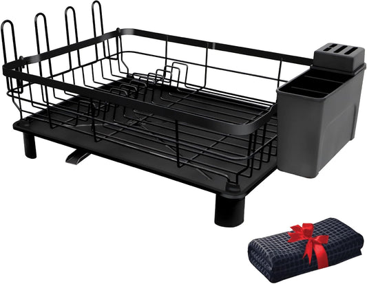 Elashy Dish Drying Rack,Dish strainers for Kitchen Counter,Dish Racks with Removable Utensil Holder,Dish Drying Rack with Drainboard and Extra Drying Mat(Black)